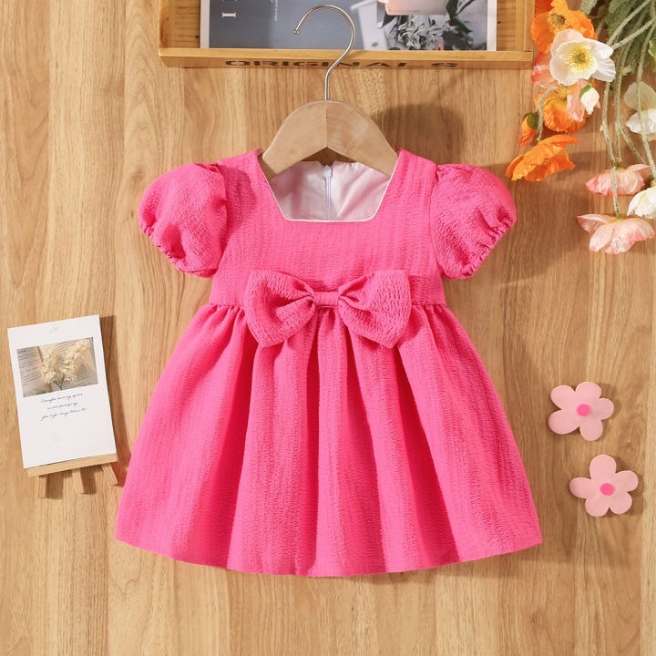 Hot Pink Puff-Sleeve Baby Girl Dress