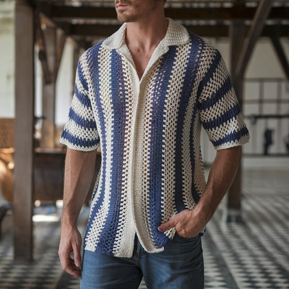 Navy & Cream Crochet Stripe Shirt