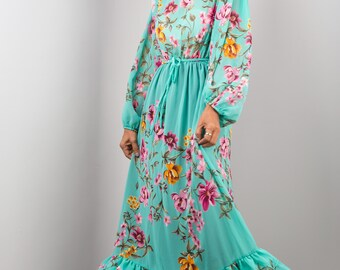 Teal Floral High-Neck Maxi Dress