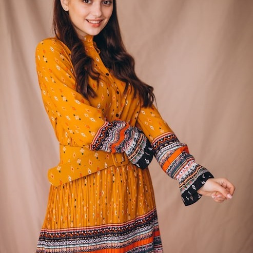 Mustard Boho Pleated Mini Dress